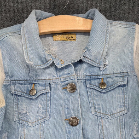Hybrid & Company Women's Jean Jacket Blue Large Button Front Cotton Distressed - Picture 3 of 15